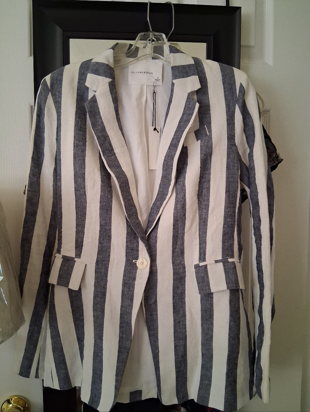 Olivaceous Striped Linen Jacket - White & Navy